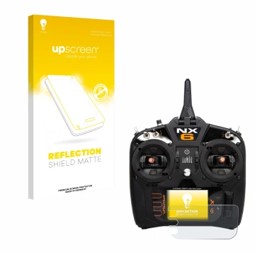 Parte frontal de un envase de producto con el logotipo de la marca upscreen. Al lado se muestra el dispositivo Spektrum NX10 c