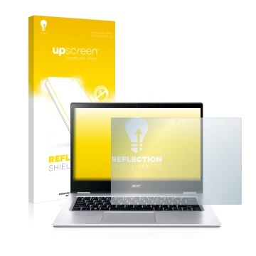 Parte frontal de un envase de producto con el logotipo de la marca upscreen. Al lado se muestra el dispositivo Acer Spin 3 SP3