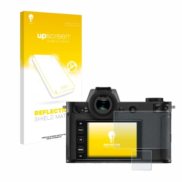 Parte frontal de un envase de producto con el logotipo de la marca upscreen. Al lado se muestra el dispositivo Leica SL2-S con