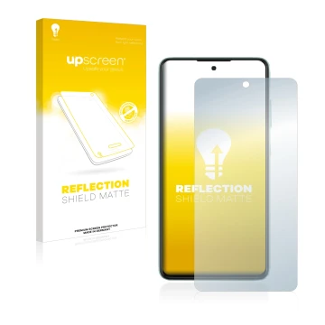 Parte frontal de un envase de producto con el logotipo de la marca upscreen. Al lado se muestra el dispositivo Samsung Galaxy 
