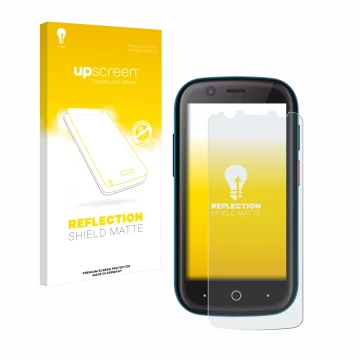 Parte frontal de un envase de producto con el logotipo de la marca upscreen. Al lado se muestra el dispositivo Unihertz Jelly 