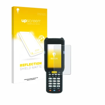 Parte frontal de un envase de producto con el logotipo de la marca upscreen. Al lado se muestra el dispositivo Zebra MC3300X c