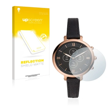 Parte frontal de un envase de producto con el logotipo de la marca upscreen. Al lado se muestra el dispositivo Fossil Monroe H