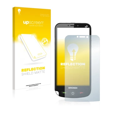 Parte frontal de un envase de producto con el logotipo de la marca upscreen. Al lado se muestra el dispositivo Brondi Amico Du