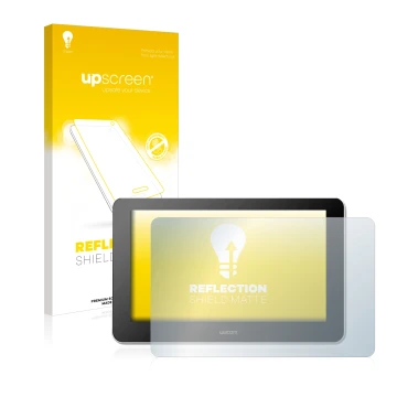 Parte frontal de un envase de producto con el logotipo de la marca upscreen. Al lado se muestra el dispositivo Wacom One Creat