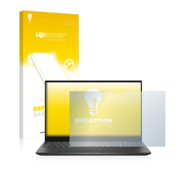 Parte frontal de un envase de producto con el logotipo de la marca upscreen. Al lado se muestra el dispositivo Dell Inspiron 1