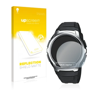Parte frontal de un envase de producto con el logotipo de la marca upscreen. Al lado se muestra el dispositivo Casio Wave Cept