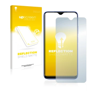 Parte frontal de un envase de producto con el logotipo de la marca upscreen. Al lado se muestra el dispositivo Xiaomi Redmi 9T