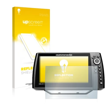 Parte frontal de un envase de producto con el logotipo de la marca upscreen. Al lado se muestra el dispositivo Humminbird Heli