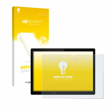 Parte frontal de un envase de producto con el logotipo de la marca upscreen. Al lado se muestra el dispositivo Lenovo ThinkPad