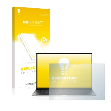 Parte frontal de un envase de producto con el logotipo de la marca upscreen. Al lado se muestra el dispositivo Dell XPS 13 931