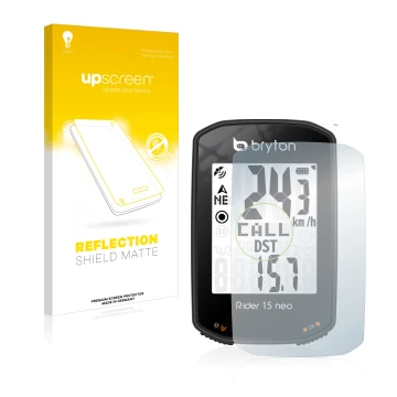 Parte frontal de un envase de producto con el logotipo de la marca upscreen. Al lado se muestra el dispositivo Bryton Rider 15
