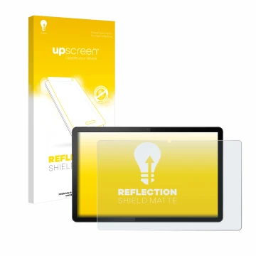 Parte frontal de un envase de producto con el logotipo de la marca upscreen. Al lado se muestra el dispositivo Lenovo Tab P11 