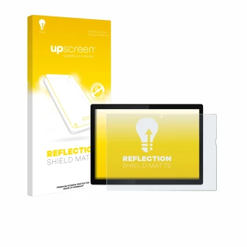 Parte frontal de un envase de producto con el logotipo de la marca upscreen. Al lado se muestra el dispositivo Lenovo ThinkPad