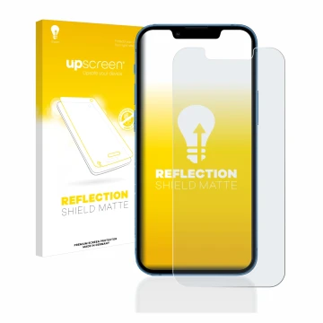 Parte frontal de un envase de producto con el logotipo de la marca upscreen. Al lado se muestra el dispositivo Apple iPhone 13