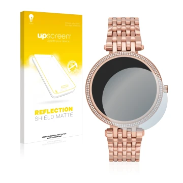 Parte frontal de un envase de producto con el logotipo de la marca upscreen. Al lado se muestra el dispositivo Michael Kors Ac