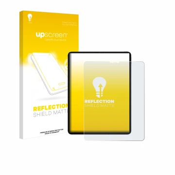 Parte frontal de un envase de producto con el logotipo de la marca upscreen. Al lado se muestra el dispositivo Apple iPad Pro 