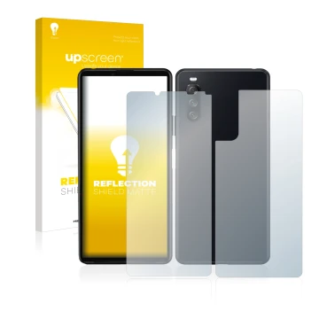 Parte frontal de un envase de producto con el logotipo de la marca upscreen. Al lado se muestra el dispositivo Sony Xperia 10 