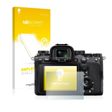 Parte frontal de un envase de producto con el logotipo de la marca upscreen. Al lado se muestra el dispositivo Sony Alpha 1 co