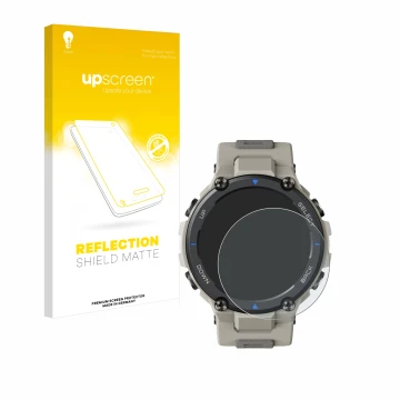 Parte frontal de un envase de producto con el logotipo de la marca upscreen. Al lado se muestra el dispositivo Huami Amazfit T