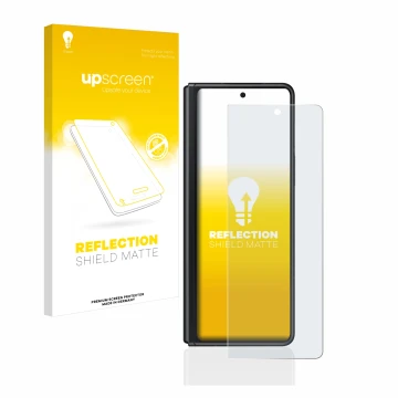 Parte frontal de un envase de producto con el logotipo de la marca upscreen. Al lado se muestra el dispositivo Samsung Galaxy 