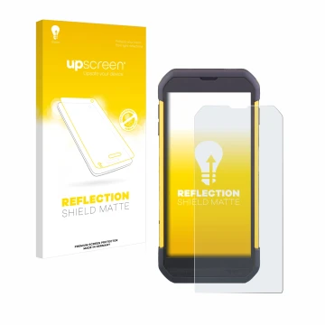 Parte frontal de un envase de producto con el logotipo de la marca upscreen. Al lado se muestra el dispositivo Cipherlab RS35 