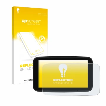 Parte frontal de un envase de producto con el logotipo de la marca upscreen. Al lado se muestra el dispositivo TomTom GO Disco