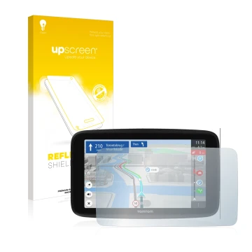 Parte frontal de un envase de producto con el logotipo de la marca upscreen. Al lado se muestra el dispositivo TomTom GO Disco