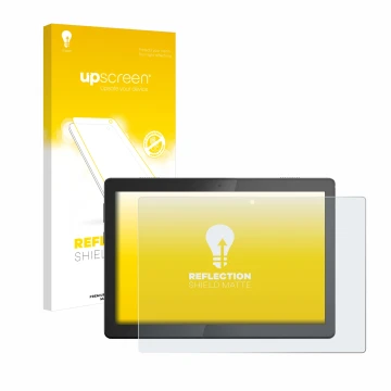 Parte frontal de un envase de producto con el logotipo de la marca upscreen. Al lado se muestra el dispositivo Lenovo Tab M10 