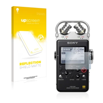 Parte frontal de un envase de producto con el logotipo de la marca upscreen. Al lado se muestra el dispositivo Sony PCM D100 c