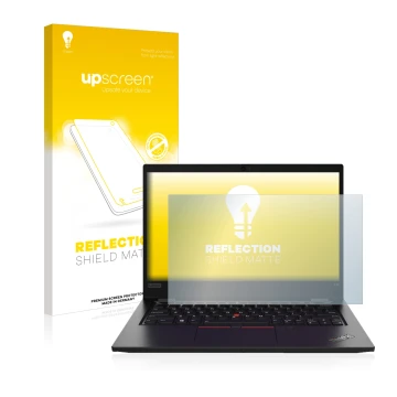 Parte frontal de un envase de producto con el logotipo de la marca upscreen. Al lado se muestra el dispositivo Lenovo ThinkPad