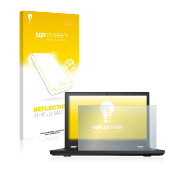 Parte frontal de un envase de producto con el logotipo de la marca upscreen. Al lado se muestra el dispositivo Lenovo ThinkPad