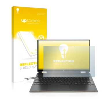 Parte frontal de un envase de producto con el logotipo de la marca upscreen. Al lado se muestra el dispositivo HP Spectre x360