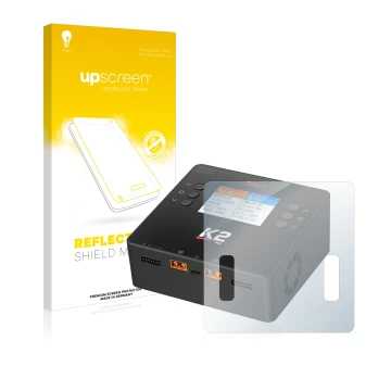 Parte frontal de un envase de producto con el logotipo de la marca upscreen. Al lado se muestra el dispositivo ISDT Smart Duo 