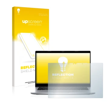 Parte frontal de un envase de producto con el logotipo de la marca upscreen. Al lado se muestra el dispositivo Dell Latitude 5