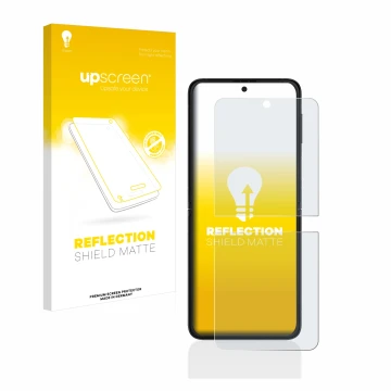 Parte frontal de un envase de producto con el logotipo de la marca upscreen. Al lado se muestra el dispositivo Samsung Galaxy 