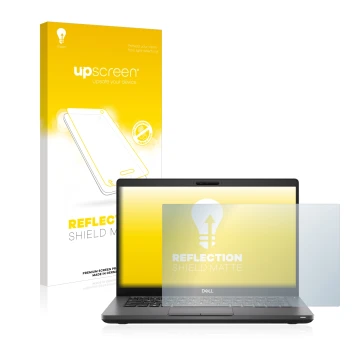 Parte frontal de un envase de producto con el logotipo de la marca upscreen. Al lado se muestra el dispositivo Dell Latitude 5