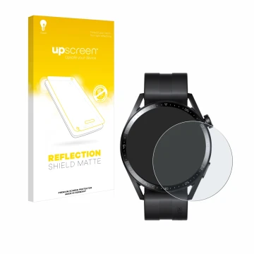 Parte frontal de un envase de producto con el logotipo de la marca upscreen. Al lado se muestra el dispositivo Huawei Watch GT