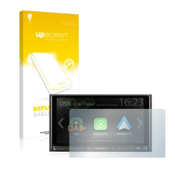 Parte frontal de un envase de producto con el logotipo de la marca upscreen. Al lado se muestra el dispositivo Zenec Z-N528 co