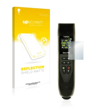 Parte frontal de un envase de producto con el logotipo de la marca upscreen. Al lado se muestra el dispositivo RigExpert Stick
