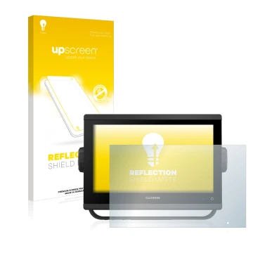 Parte frontal de un envase de producto con el logotipo de la marca upscreen. Al lado se muestra el dispositivo Garmin GPSMAP 9