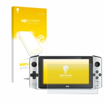 Parte frontal de un envase de producto con el logotipo de la marca upscreen. Al lado se muestra el dispositivo GPD Win 3 con s