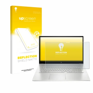 Parte frontal de un envase de producto con el logotipo de la marca upscreen. Al lado se muestra el dispositivo HP Envy 17-cX c