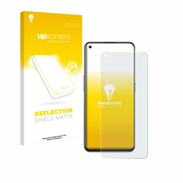 Parte frontal de un envase de producto con el logotipo de la marca upscreen. Al lado se muestra el dispositivo realme GT 5G co