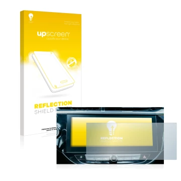 Parte frontal de un envase de producto con el logotipo de la marca upscreen. Al lado se muestra el dispositivo Opel Corsa-e 20