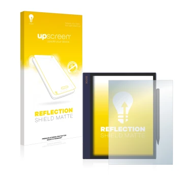 Parte frontal de un envase de producto con el logotipo de la marca upscreen. Al lado se muestra el dispositivo Boox Note Air c