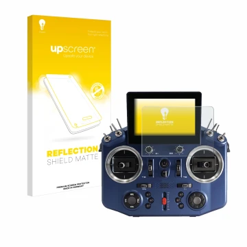 Parte frontal de un envase de producto con el logotipo de la marca upscreen. Al lado se muestra el dispositivo FrSky Horus X20