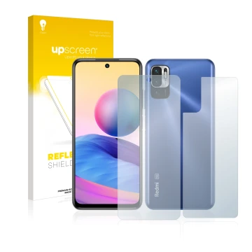 Parte frontal de un envase de producto con el logotipo de la marca upscreen. Al lado se muestra el dispositivo Xiaomi Redmi No