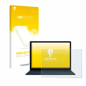 Parte frontal de un envase de producto con el logotipo de la marca upscreen. Al lado se muestra el dispositivo Microsoft Surfa