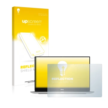 Parte frontal de un envase de producto con el logotipo de la marca upscreen. Al lado se muestra el dispositivo Dell XPS 13 930